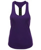 A purple tank top with a racerback design and a contrasting black strap at the back. It features a branding logo.