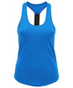 A blue performance strap back vest with a lower front and a keyhole back design. It features a logo.