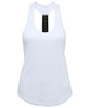 A white strap back vest with a racerback design and a logo at the back.