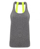A grey vest with double straps featuring a bright yellow accent. It has a logo on the front.