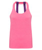 A pink back vest featuring double straps in purple. The product has a logo feature.