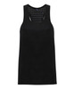 A black vest featuring laser cut detailing, with a sleeveless design and a scoop neckline. It has a logo.