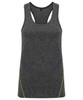 A grey vest with a racerback design and green detailing, featuring laser cut patterns. It has a branding logo.