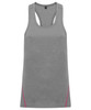 A grey vest with a racerback design and pink accents, featuring a logo on the front.