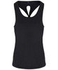 A black yoga vest with a unique open back design and a logo on the front.