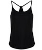 A black yoga vest featuring thin straps and a rounded neckline, with a logo on the back.
