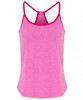 A yoga vest in bright pink with red straps, featuring a simple design and a logo.