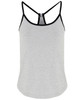 A grey yoga vest with black trim and a racerback design. It includes a logo on the front.