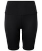 Black legging shorts featuring a high waistband and a simple design, with a logo present on the garment.