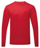 A red long sleeve performance T-shirt with a simple design and a logo on the front.