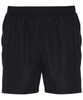 Black training shorts featuring an elastic waistband and side pockets, with a logo on the front.