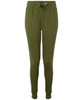 Fitted joggers in a deep olive green colour with an elastic waistband and drawstring. Features a logo on the waistband.
