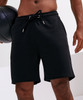 Black jogger shorts with an elasticated waistband, featuring a drawstring and side pockets. A logo is visible.