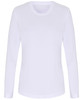 A long sleeve performance T-shirt in white, featuring a round neckline and a smooth fabric finish.