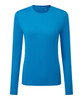 A long sleeve performance t-shirt in vibrant blue with a round neckline and branding.