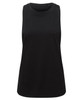 A black organic tank top with a sleeveless design and a round neckline. It has a simple logo on the side.