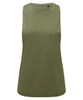 An olive green organic tank top with a round neckline and no sleeves, featuring a logo.