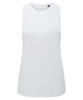 A plain white organic tank top with a round neckline and no sleeves. Features a logo.