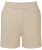 Beige jogger shorts featuring an elastic waistband and a simple design. Includes a logo on the waistband.