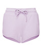 Lilac recycled jogger shorts with a drawstring waist and side vents, featuring a branded logo.