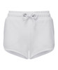 A pair of white recycled retro jogger shorts with an elasticated waistband and drawstring. Features a logo.