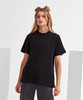 A black oversized t-shirt with a boxy fit and short sleeves, featuring a branding logo.