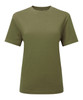 An olive green organic boxy oversized T-shirt with short sleeves and a simple design. It features a logo.