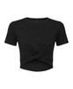 A black Twist Crop Top featuring a fitted design and a knotted front detail. It has a simple, sleek style.