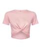 A pink twist crop top featuring a knot detail at the front, short sleeves, and a relaxed fit.