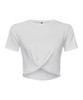 A white twisted crop top with a round neckline and short sleeves. It has a smooth, fitted design and a central twist detail.