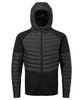 A black and dark grey insulated hybrid jacket with a hood, featuring a mix of padded and smooth fabric.