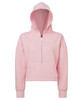 A pink 1/2 zip hoodie featuring a hood and a front pocket, with a small logo on the hem.