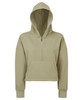 A khaki 1/2 zip hoodie with a hood and front pocket, featuring a subtle logo.