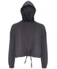 A cropped oversize hoodie in dark grey with a hood and drawstring detail at the hem. Features a logo.