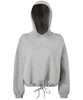 A cropped oversize hoodie in light grey with a drawstring hem and a hood. It features a logo on the front.