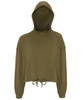 A cropped oversize hoodie in olive green with a drawstring hem and a hood. It has long, slightly gathered sleeves and a logo.