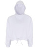 A white cropped oversize hoodie with a drawstring at the hem and a front kangaroo pocket. It features a hood and has a logo.