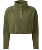 A cropped fleece jumper in olive green, featuring a high collar and buttoned placket. It has long sleeves and a relaxed fit.