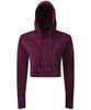 A cropped long sleeve hooded t-shirt in a rich burgundy colour, featuring a drawstring hood and fitted sleeves.