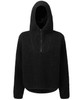 A black Sherpa 1/4-zip hoodie with a hood and long sleeves. It features a front zipper and a relaxed fit.