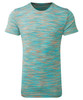A space dye performance t-shirt in shades of blue and coral with a subtle textured pattern and a logo.