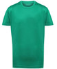 A green kids' performance T-shirt with a simple design and crew neck. The shirt has a logo on it.