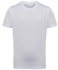A white kids' performance T-shirt with short sleeves, featuring a branding logo.