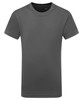 A grey kids' performance T-shirt with short sleeves and a round neckline, featuring a logo.