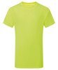 A bright neon yellow kids' performance T-shirt with a crew neck and short sleeves, featuring a logo.