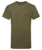An olive green kids' performance T-shirt with a crew neck and short sleeves. Features a logo on the chest.