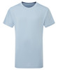 A light blue kids' performance T-shirt with short sleeves and a branding logo.