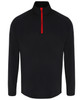 A black long sleeve performance 1/4 zip top with a red zip. The top features a logo on the design.