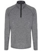 A grey long sleeve performance 1/4 zip top with a zippered collar and raglan sleeves. Features a logo.