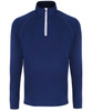 A long sleeve performance 1/4 zip top in navy blue with a white zipper and a branding logo.